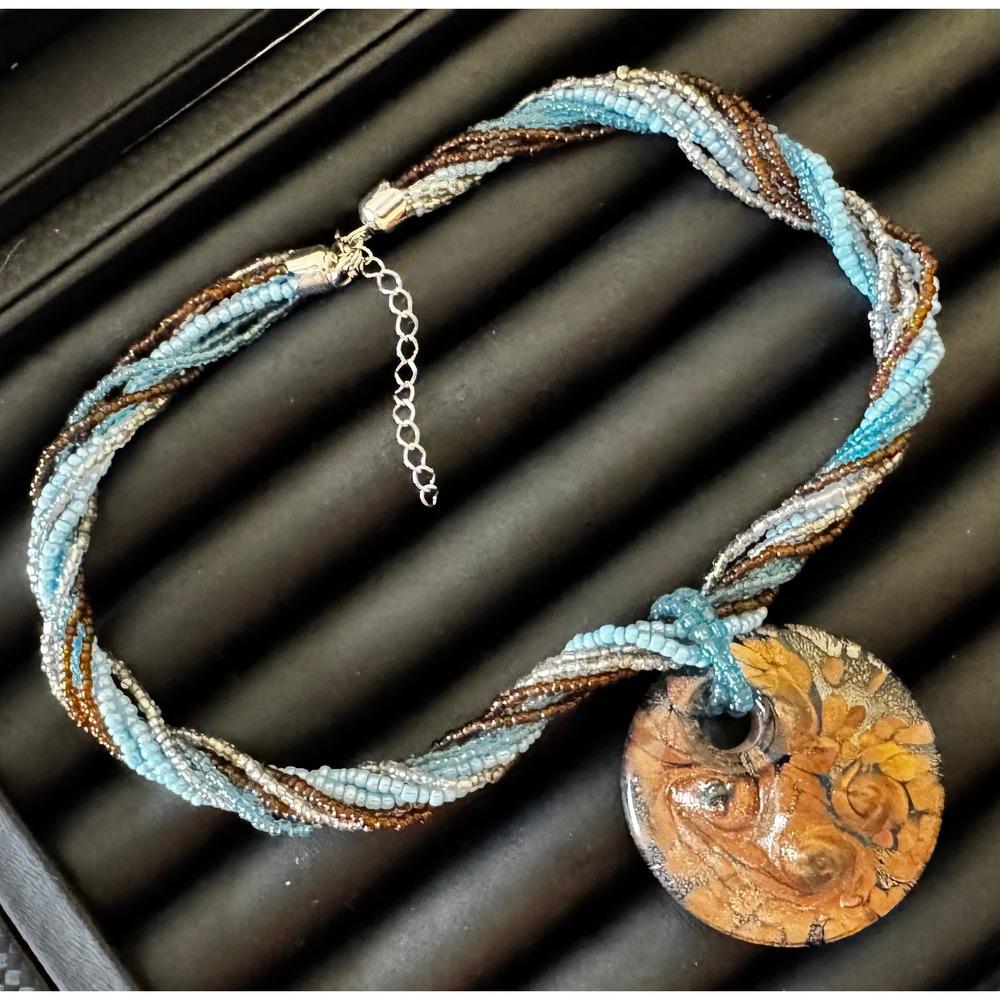 Artisan Glass Pendant Necklace 16-18" Teal Copper Murano Style Twist Seed Bead